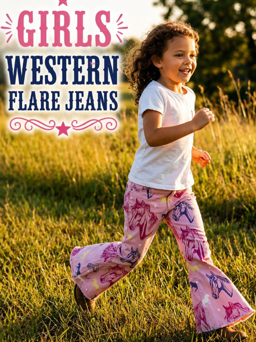 Girls Pink Horse Print Bell Bottom Jeans | Western Cowgirl Flare Pants